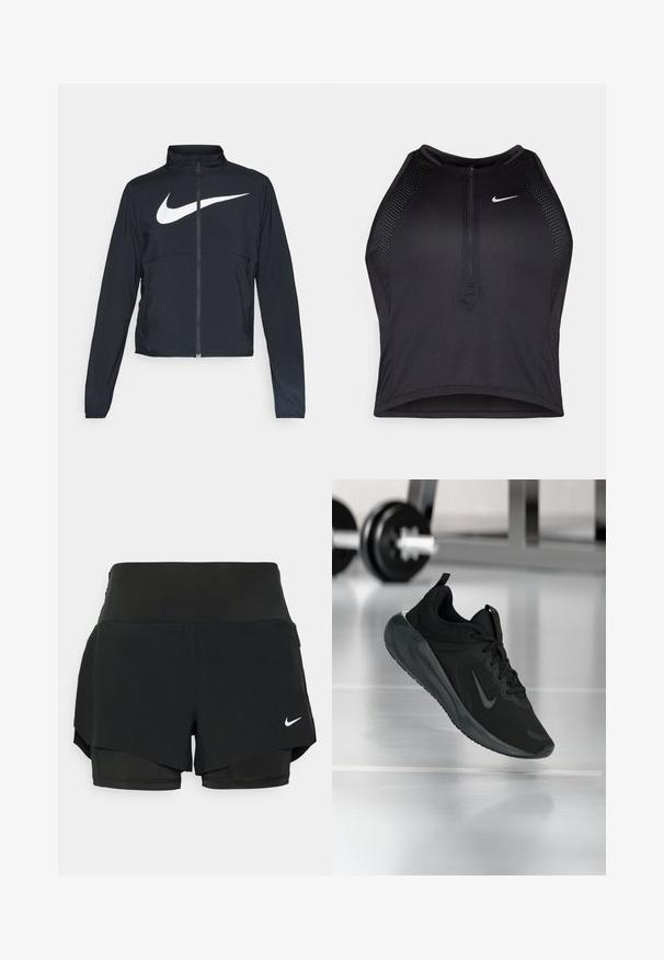 Must musta täispikk vary hoodie kõrge krae, pikad varrukad ja suur valge Nike swooshi logo rinnal.; Must negra spordiline crop top, millel on lukk ees, võrgukangast detailid ja vormiv disain. Valmistatud venivast ja hingavast kangast. Nike logo ees.; Mustad mustriga jooksupüksid, millel on kihiline disain, koos sisepüksiga ja välimise kihiga, mis on valmistatud kergest ja venitatavast kangast.; Mustad mustang spordijalatsid Nike logo'ga, õhus spordisaali põrandal, häguste hantlite riiulitega taustal.