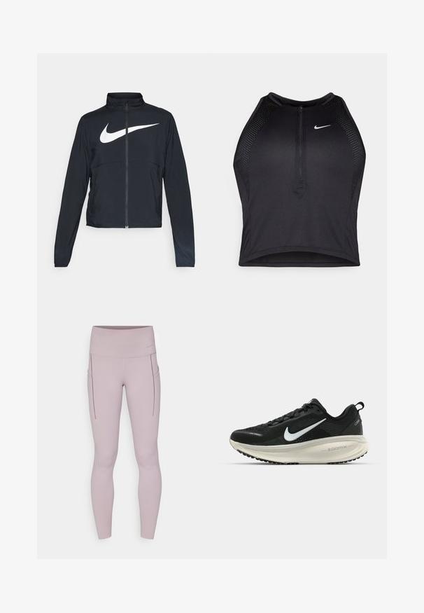 Jachetă sport neagră cu fermoar pe toată lungimea, guler înalt, mâneci lungi și un logo mare alb Nike swoosh pe piept.; Top sportiv black, cu croială scurtă, cu fermoar în față, accente din plasă și un design ajustat. Fabricat dintr-un material elastic și respirabil. Logo-ul Nike pe față.; Colanți de culoare mauve deschis, realizați dintr-un material elastic, cu un talie înaltă și buzunare laterale cu detalii de cusătură.; Pantofii de alergare negri de la Nike, cu parte superioară din plasă respirabilă, logo-ul alb Swoosh, detalii texturate și o talpă intermediară ZoomX de culoare crem.