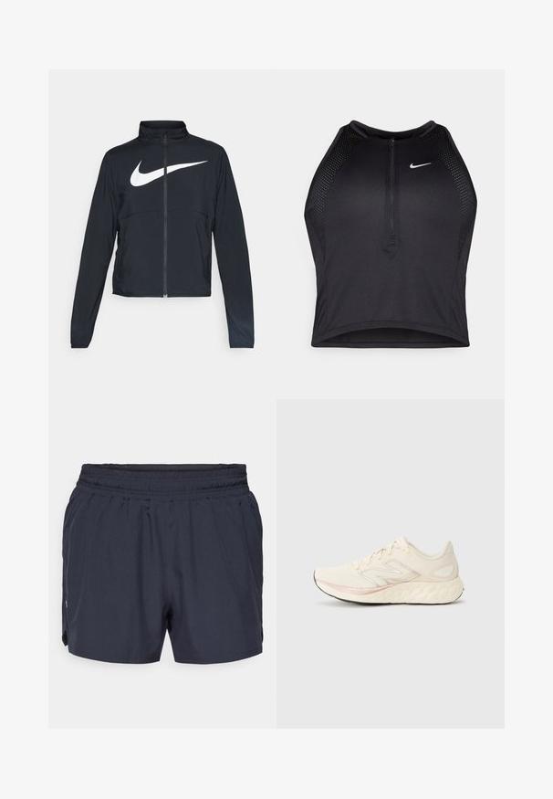 Casaco desportivo preto com fecho éclair completo, gola alta, mangas longas e grande logótipo branco da Nike na parte frontal.; Top cropped atlético preto com fecho à frente, acentos em malha e um design ajustado. Feito de tecido elástico e respirável. Logótipo da Nike na frente.; Bermudas atléticas azul marinho com cintura elástica, design pregueado e bolsos laterais. Feitas de um tecido leve e respirável.; Sapatilha de corrida em bege claro com um upper de malha texturizada, linha de detalhe rosa, sola acolchoada e detalhe de logotipo prateado refletor na lateral.