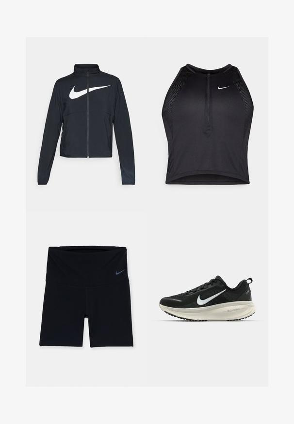 Schwarze Sportjacke mit vollem Reißverschluss, hohem Kragen, langen Ärmeln und großem weißen Nike-Swoosh-Logo auf der Brust.; Schwarzes sportliches Crop-Top mit Reißverschluss vorne, Netz-Akzenten und figurnaher Passform. Hergestellt aus dehnbarem, atmungsaktivem Material. Nike-Logo auf der Vorderseite.; Schwarze Sportshorts aus dehnbarem Material, mit einem breiten Bund und einem kleinen blauen Logo auf der oberen linken Seite.; Schwarzer Nike-Laufschuh mit atmungsaktivem Mesh-Obermaterial, weißem Swoosh-Logo, strukturierten Details und einer cremefarbenen ZoomX-Zwischensohle.