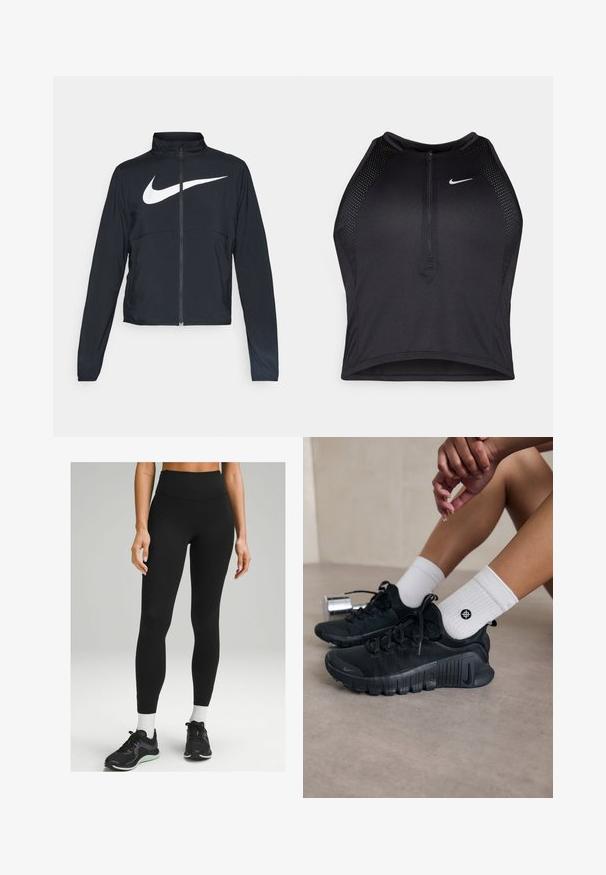 Czarna bluza sportowa na zamek błyskawiczny z wysokim kołnierzem, długimi rękawami i dużym białym logo Nike na klatce piersiowej.; Czarny sportowy crop top z zamkiem z przodu, z siateczkowymi akcentami i dopasowanym krojem. Wykonany z elastycznego, oddychającego materiału. Logo Nike z przodu.; Czarne legginsy o wysokim stanie, wykonane z elastycznego materiału, charakteryzujące się eleganckim designem, gładką teksturą oraz subtelnymi detalami po bokach. W połączeniu z czarnymi butami sportowymi.; Czarne buty sportowe z teksturowanej tkaniny, z warkoczowym wzorem i wyraźną podeszwą, w zestawie z białymi skarpetami prążkowanymi z małym logo.
