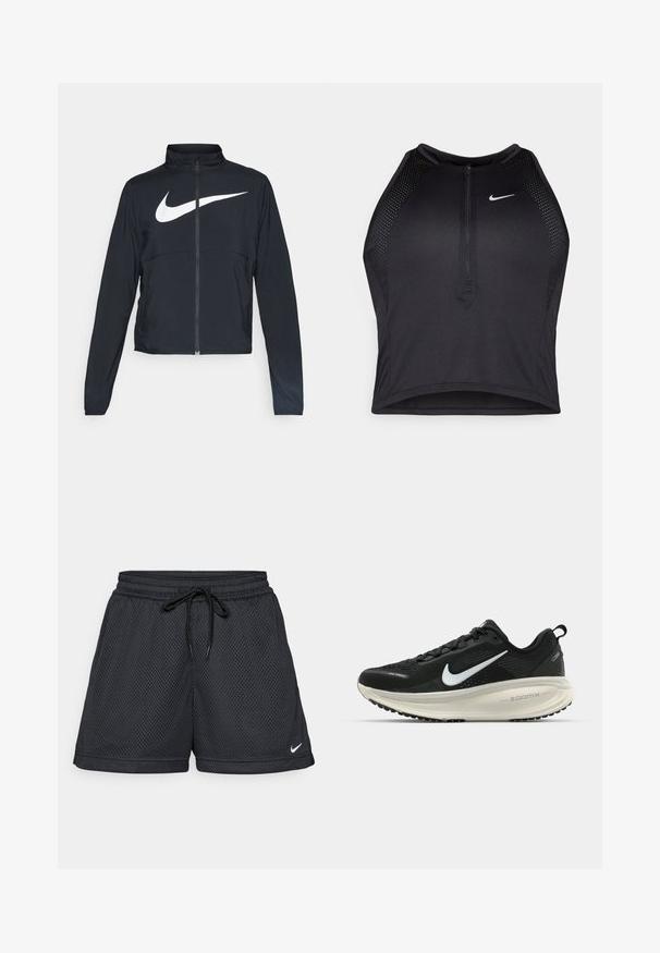 Black full-zip sports jacket with high collar, long sleeves, and large white Nike swoosh logo across the chest.; Black athletic crop top with a zip-front, mesh accents, and a fitted design. Made from stretchy, breathable fabric. Nike logo on front.; Black mesh shorts with an elastic waistband, drawstring detail, and a small white Nike logo on the bottom hem.; Black Nike running shoe with breathable mesh upper, white swoosh logo, textured detailing, and a cream-colored ZoomX midsole.