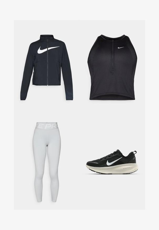 Černá sportovní bunda na zip s vysokým límcem, dlouhými rukávy a velkým bílým logem Nike swoosh přes prsa.; Černý sportovní crop top se zipem vpředu, síťovými detaily a přiléhavým střihem. Vyrobený z elastického, prodyšného materiálu. Logo Nike na přední straně.; Svetle šedé legíny Nike Pro s vysokým pasem a plnou délkou, s logem na pase a malým bílým swooshem na levém stehně.; Černá běžecká obuv Nike s prodyšným síťovaným svrškem, bílým logem swoosh, texturovanými detaily a krémovou mezipodešví ZoomX.