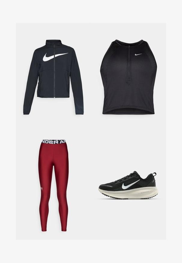 Zwarte sportjas met volledige rits, hoge kraag, lange mouwen en groot wit Nike swoosh-logo op de borst.; Zwarte atletische crop top met een rits aan de voorkant, mesh accenten en een aansluitend ontwerp. Gemaakt van rekbare, ademende stof. Nike-logo aan de voorkant.; Bordeaux leggings gemaakt van rekbaar materiaal met een zwarte elastische tailleband waarop in het wit "UNDER ARMOUR" gedrukt staat.; Zwarte Nike hardloopschoen met ademend mesh bovenwerk, witte swoosh-logo, gestructureerde details en een crèmekleurige ZoomX middenzool.