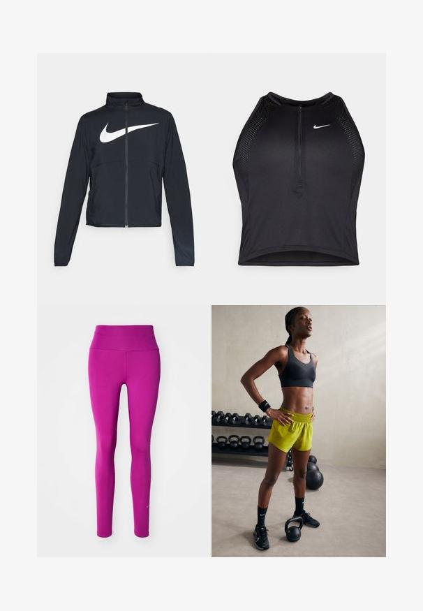 Veste de sport noire zippée sur toute la longueur avec un col haut, des manches longues et un grand logo Nike swoosh blanc sur la poitrine.; Crop top sportif noir avec fermeture éclair à l'avant, accents en mesh et design ajusté. Fabriqué en tissu extensible et respirant. Logo Nike à l'avant.; Leggings de sport ajustés en rose vif, fabriqués à partir d'un tissu lisse et extensible, avec une taille haute et un logo subtil au bas de la jambe.; Soutien-gorge de sport noir, shorts jaunes éclatants avec une ceinture élastique, chaussures de sport noires et bandeaux, se tenant à côté de kettlebells.
