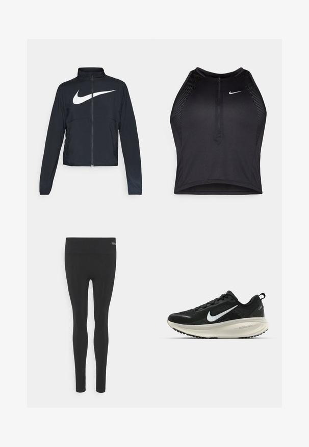 Svart sportjacka med hel dragkedja, hög krage, långa ärmar och stor vit Nike swoosh-logotyp över bröstet.; Svart atletisk crop top med dragkedja framtill, nätdetaljer och en figurnära design. Tillverkad av elastiskt, andningsbart material. Nike-logga på framsidan.; Svarta leggings med bred midja, tillverkade av ett slätt, stretchigt material. Åtsittande design, utan dekorationer eller mönster.; Svart Nike löparsko med andningsbart mesh-ovandel, vit swoosh-logotyp, texturerad detaljering och en krämfärgad ZoomX-mellansula.
