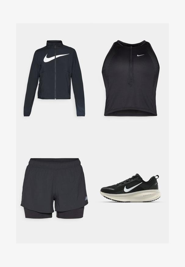 Crna sportska jakna s punim patentnim zatvaračem, visokim ovratnikom, dugim rukavima i velikim bijelim Nike swoosh logom preko grudi.; Crni sportski crop top s patentnim zatvaračem, mrežastim detaljima i prilagođenim dizajnom. Izrađen od rastezljivog, prozračnog materijala. Nike logo na prednjoj strani.; Crne atletske kratke hlače s unutarnjom podstavom, s elastičnom pasicom, glatke teksture i reflektirajućim logotipom sa strane.; Crne Nike trkačke tenisice s prozračnom mrežastom gornjom konstrukcijom, bijelim swoosh logotipom, teksturiranim detaljima i kremastom ZoomX srednjom potplatnom jedinicom.
