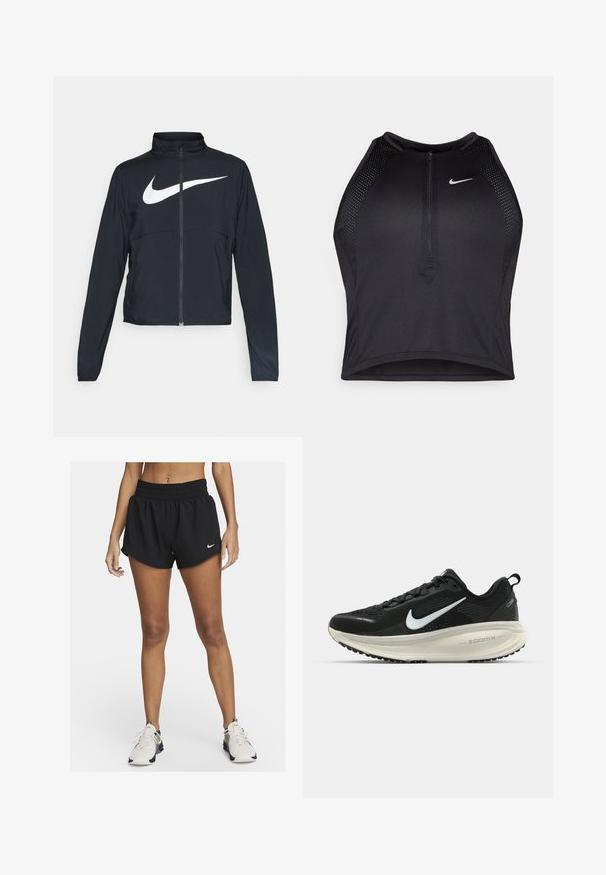 Crna sportska jakna s punim patentnim zatvaračem, visokim ovratnikom, dugim rukavima i velikim bijelim Nike swoosh logom preko grudi.; Crni sportski crop top s patentnim zatvaračem, mrežastim detaljima i prilagođenim dizajnom. Izrađen od rastezljivog, prozračnog materijala. Nike logo na prednjoj strani.; Crne sportske šortse s udobnim krojem, elastičnim pojasom i zaobljenim rubom. Na donjoj lijevoj strani nalazi se mali bijeli Nike logo.; Crne Nike trkačke tenisice s prozračnom mrežastom gornjom konstrukcijom, bijelim swoosh logotipom, teksturiranim detaljima i kremastom ZoomX srednjom potplatnom jedinicom.