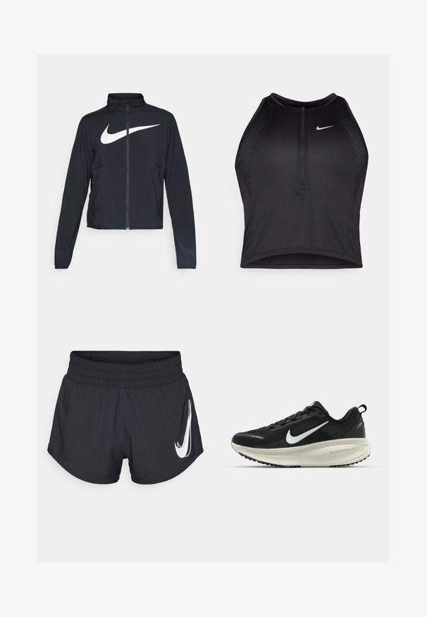 Juodas sportinis džemperis su visiškai užtraukiama užtrauktuku, aukšta apykakle, ilgomis rankovėmis ir dideliu baltu Nike swoosh logotipu per krūtinę.; Juodas sportinis trumpas viršus su užtrauktuku priekyje, tinklinėmis detalėmis ir prigludusia forma. Pagamintas iš tamprios, kvėpuojančios medžiagos. Nike logotipas priekyje.; Juodos sportinės šortai su elastingu juosmeniu, suapvalintais kraštais ir iškilmingai baltu Nike logotipu kairėje pusėje. Lygus, lengvas audinys.; Juodas Nike sportinis batelis su kvėpuojančiu tinklu, baltu swoosh logotipu, tekstūruoto dizaino detalėmis ir grietinėlės spalvos ZoomX viduriu.