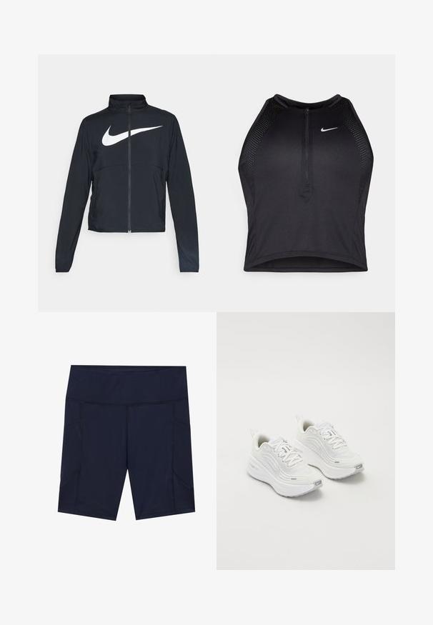 Crna sportska jakna s punim patentnim zatvaračem, visokim ovratnikom, dugim rukavima i velikim bijelim Nike swoosh logom preko grudi.; Crni sportski crop top s patentnim zatvaračem, mrežastim detaljima i prilagođenim dizajnom. Izrađen od rastezljivog, prozračnog materijala. Nike logo na prednjoj strani.; Tamnoplave atletske kratke hlače s glatkom teksturom, širokim pojasom i dva bočna džepa. Imaju kontrastne šavove i prilagođen oblik.; Bijele sportske tenisice s teksturiranim mrežastim gornjim dijelom, podstavljenom potplatom i suptilnim sivim naglascima. Uključuju brendiranje i petlju na peti za lakše obuvanje.