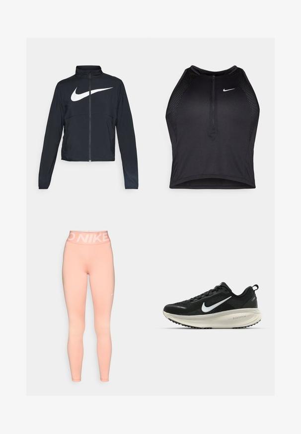 Zwarte sportjas met volledige rits, hoge kraag, lange mouwen en groot wit Nike swoosh-logo op de borst.; Zwarte atletische crop top met een rits aan de voorkant, mesh accenten en een aansluitend ontwerp. Gemaakt van rekbare, ademende stof. Nike-logo aan de voorkant.; Roze Nike leggings hebben een hoge tailleband met een wit logo. De stof is soepel en heeft een aansluitende pasvorm, ideaal voor sportkleding.; Zwarte Nike hardloopschoen met ademend mesh bovenwerk, witte swoosh-logo, gestructureerde details en een crèmekleurige ZoomX middenzool.