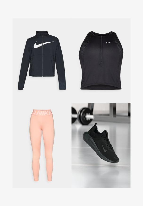 Zwarte sportjas met volledige rits, hoge kraag, lange mouwen en groot wit Nike swoosh-logo op de borst.; Zwarte atletische crop top met een rits aan de voorkant, mesh accenten en een aansluitend ontwerp. Gemaakt van rekbare, ademende stof. Nike-logo aan de voorkant.; Roze Nike leggings hebben een hoge tailleband met een wit logo. De stof is soepel en heeft een aansluitende pasvorm, ideaal voor sportkleding.; Zwarte sportsneaker met Nike-logo, weergegeven in de lucht boven de gymvloer, met een vervaagde halterrek op de achtergrond.
