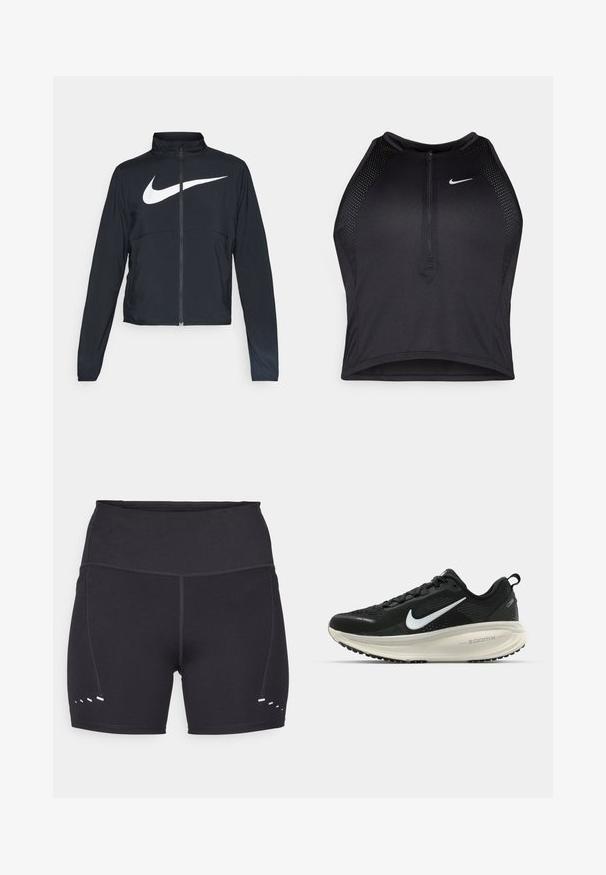 Czarna bluza sportowa na zamek błyskawiczny z wysokim kołnierzem, długimi rękawami i dużym białym logo Nike na klatce piersiowej.; Czarny sportowy crop top z zamkiem z przodu, z siateczkowymi akcentami i dopasowanym krojem. Wykonany z elastycznego, oddychającego materiału. Logo Nike z przodu.; Czarne sportowe spodenki o gładkiej fakturze, z wyższym stanem i kontrastującymi białymi detalami po bokach. Wykonane z elastycznego, oddychającego materiału.; Czarna biegowa półbut z oddychającej siateczki, białym logo swoosh, teksturowanymi detalami oraz kremową podeszwą środkową ZoomX.