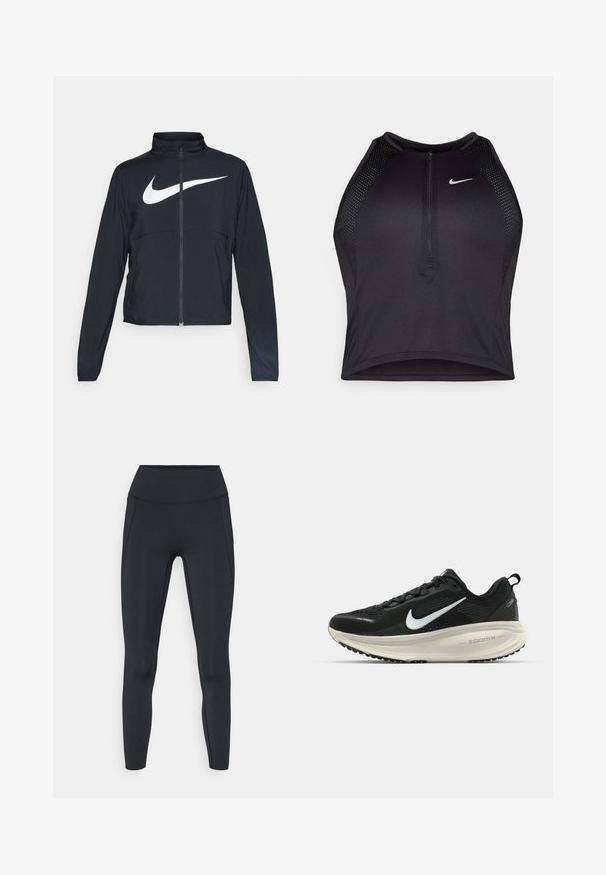 Svart sportjacka med hel dragkedja, hög krage, långa ärmar och stor vit Nike swoosh-logotyp över bröstet.; Svart atletisk crop top med dragkedja framtill, nätdetaljer och en figurnära design. Tillverkad av elastiskt, andningsbart material. Nike-logga på framsidan.; Höga svarta leggings tillverkade av elastiskt material, med förstärkta sömmar och en slät yta. Designen inkluderar inga synliga logotyper eller mönster.; Svart Nike löparsko med andningsbart mesh-ovandel, vit swoosh-logotyp, texturerad detaljering och en krämfärgad ZoomX-mellansula.