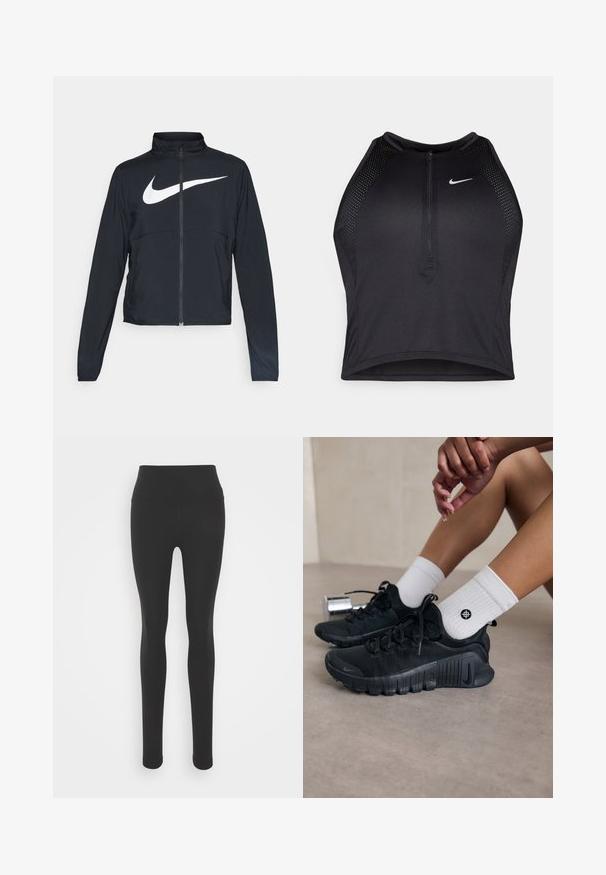 Schwarze Sportjacke mit vollem Reißverschluss, hohem Kragen, langen Ärmeln und großem weißen Nike-Swoosh-Logo auf der Brust.; Schwarzes sportliches Crop-Top mit Reißverschluss vorne, Netz-Akzenten und figurnaher Passform. Hergestellt aus dehnbarem, atmungsaktivem Material. Nike-Logo auf der Vorderseite.; Schwarze Leggings mit hohem Bund, aus glattem, dehnbarem Material. Verfügt über ein enganliegendes Design und vollflächige Beine.; Schwarze Sportschuhe aus strukturiertem Stoff, mit Schnürdesign und auffälliger Sohle, kombiniert mit weißen gerippten Socken, die ein kleines Logo tragen.