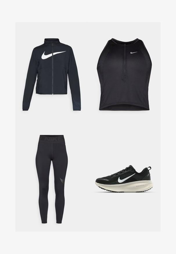 Giacca sportiva nera con zip completa, colletto alto, maniche lunghe e grande logo swoosh bianco Nike sul petto.; Top corto atletico nero con zip frontale, dettagli in rete e un design aderente. Realizzato in tessuto elasticizzato e traspirante. Logo Nike sul davanti.; Leggings sportivi neri con una vita alta, caratterizzati da un logo testurizzato. Realizzati in materiale elasticizzato, hanno una finitura liscia e nessun motivo.; Scarpa da corsa nera Nike con tomaia in rete traspirante, logo Swoosh bianco, dettagli testurizzati e intersuola ZoomX di colore crema.