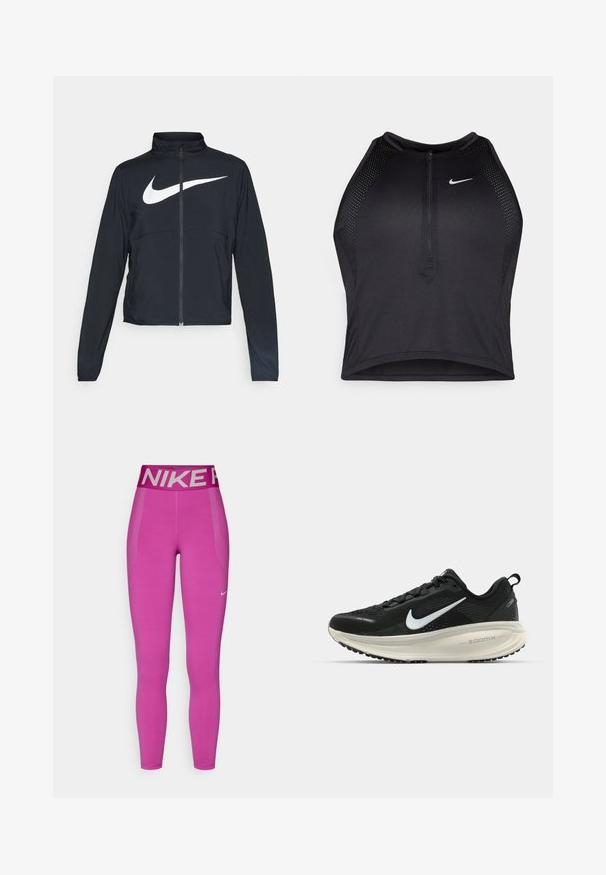Black full-zip sports jacket with high collar, long sleeves, and large white Nike swoosh logo across the chest.; Black athletic crop top with a zip-front, mesh accents, and a fitted design. Made from stretchy, breathable fabric. Nike logo on front.; Pink Nike leggings with a wide gray waistband featuring the brand name. Smooth texture, full-length, and side mesh detailing for breathability.; Black Nike running shoe with breathable mesh upper, white swoosh logo, textured detailing, and a cream-colored ZoomX midsole.