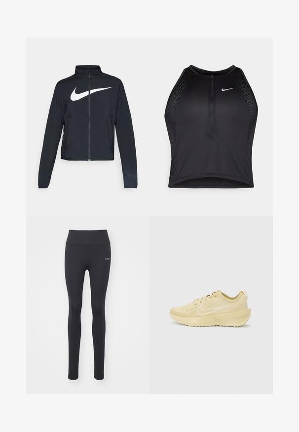 Musta urheilutakki, jossa on täysivetoketju, korkea kaulus, pitkät hihat ja suuri valkoinen Nike-tikkauksella rintaosa.; Musta urheilullinen crop-top, jossa on vetoketjukiinnitys, verkkokankaiset yksityiskohdat ja istuva malli. Valmistettu joustavasta ja hengittävästä kankaasta. Nike-logo edessä.; Mustat urheilulegginsit, joissa on sileä pinta, korkea vyötärö ja tikattu yksityiskohtaisuus. Edessä pieni logo.; Nike juoksukengät vaaleankeltaisena, joissa on hengittävä verkkomateriaali, nauhaketju, tekstuuripohja ja pehmustettu pohja.
