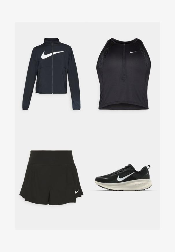 Chaqueta deportiva negra de cremallera completa con cuello alto, mangas largas y gran logo de Nike en blanco en el pecho.; Top corto deportivo negro con cremallera frontal, detalles de malla y un diseño ajustado. Fabricado con tejido elástico y transpirable. Logo de Nike en la parte frontal.; Shorts deportivos negros con una cintura ancha, detalles plisados, dobladillo curvado y el logo de Nike en blanco en la parte inferior derecha.; Zapatilla de running Nike negra con parte superior de malla transpirable, logo Swoosh blanco, detalles texturizados y una entresuela ZoomX de color crema.