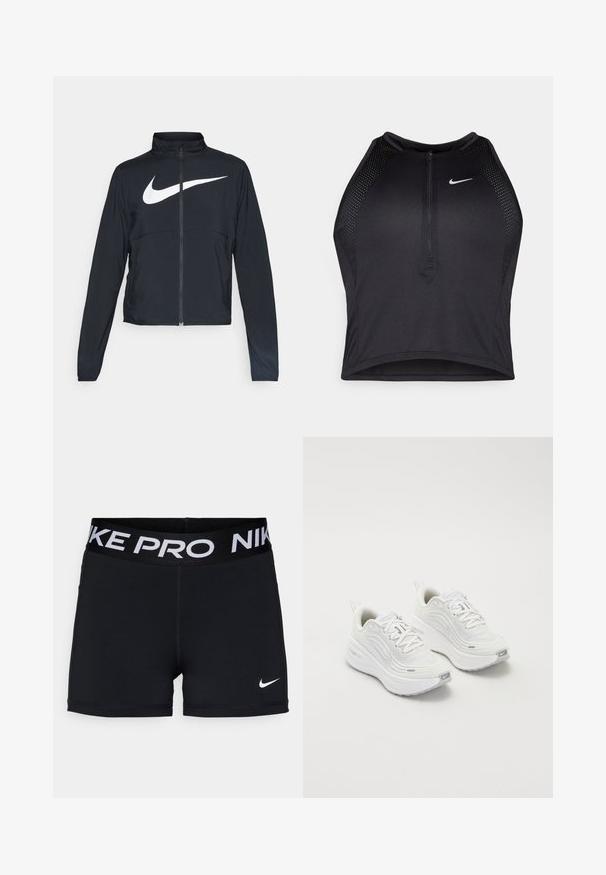 Chaqueta deportiva negra de cremallera completa con cuello alto, mangas largas y gran logo de Nike en blanco en el pecho.; Top corto deportivo negro con cremallera frontal, detalles de malla y un diseño ajustado. Fabricado con tejido elástico y transpirable. Logo de Nike en la parte frontal.; Shorts deportivos negros con una cinturilla ancha que presenta letras blancas "NIKE PRO", textura suave y un pequeño logo de Nike en blanco en el lado.; Zapatillas deportivas blancas con parte superior de malla texturizada, suela acolchada y sutiles acentos grises. Incluye un logotipo y una pestaña en el talón para facilitar su uso.