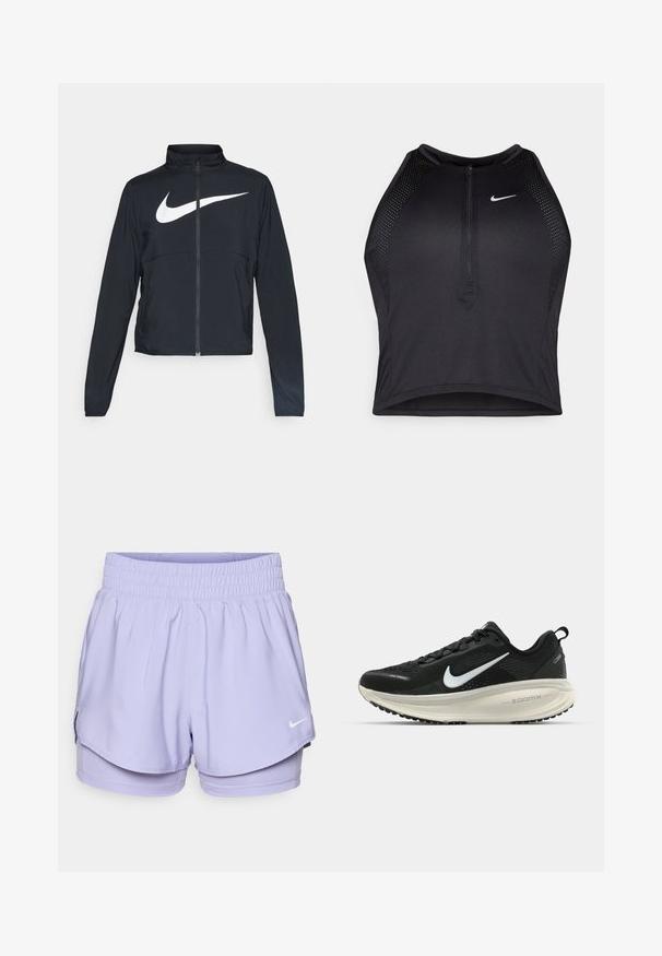 Melnā sporta jaka ar pilnu rāvējslēdzēju, augstu apkakli, garām piedurknēm un lielu baltu Nike swoosh logotipu krūšu daļā.; Melnā sportiskā augšdaļa ar rāvējslēdzēju priekšpusē, acs akcenti un pieguloša dizaina. Izgatavota no elastīga, elpojoša auduma. Nike logo priekšpusē.; Lillāki sporta šorti ar vieglu dizainu, elastīgu jostu un baltu Nike logo priekšpusē. Iekļauti iekšējie šorti ērtībai.; Melnas Nike skriešanas kurpes ar elpojošu acs augšdaļu, baltu Swoosh logotipu, strukturētu apdari un krēmkrāsas ZoomX starpsole.