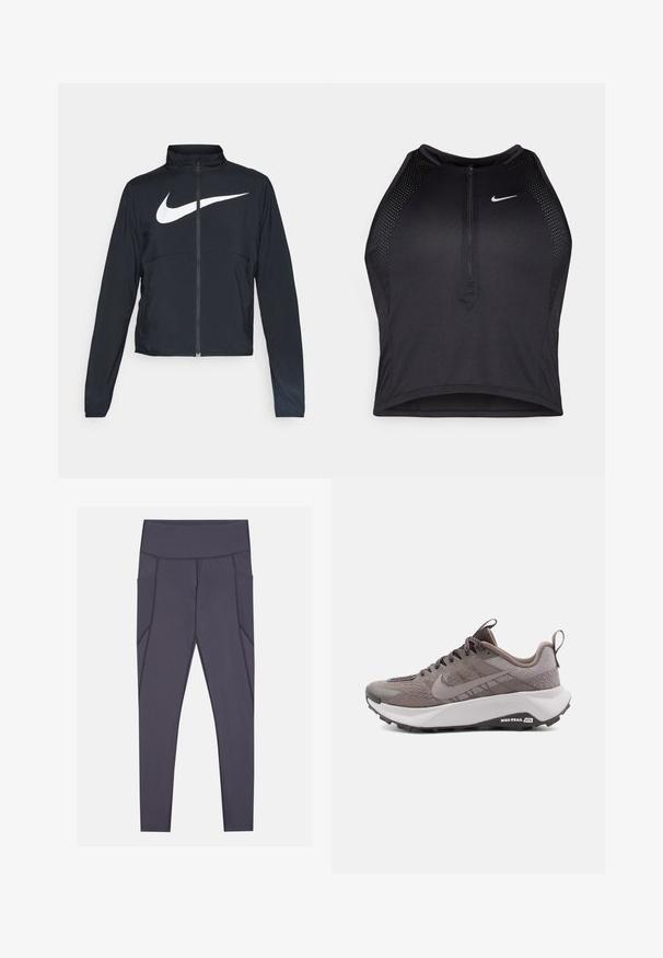 Sort fuld-zip sportsjakke med høj krave, lange ærmer og stort hvidt Nike swoosh-logo på brystet.; Sort sports crop top med lynlås foran, mesh-detaljer og en tætsiddende pasform. Lavet af strækbart, åndbart stof. Nike-logo på forsiden.; Mørkegrå leggings med høj talje, der har sidelommer og strukturerede syninger. Fremstillet af strækbart, åndbart stof.; Grå Nike trail løbesko med en tekstureret overdel, forstærket tå, polstret mellemsål og sort gummiydersål. Snørebånd og løftestrop inkluderet.