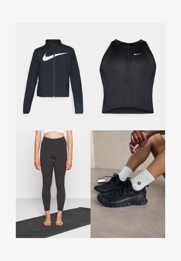 Giacca sportiva nera con zip completa, colletto alto, maniche lunghe e grande logo swoosh bianco Nike sul petto.; Top corto atletico nero con zip frontale, dettagli in rete e un design aderente. Realizzato in tessuto elasticizzato e traspirante. Logo Nike sul davanti.; Leggings neri a vita alta in tessuto liscio e elastico con una silhouette aderente, che termina alla caviglia. Abbinali a un top corto su un tappetino da yoga.; Scarpe da ginnastica nere con tessuto texturizzato, design con lacci e suola prominente, abbinate a calze bianche a coste con un piccolo logo.