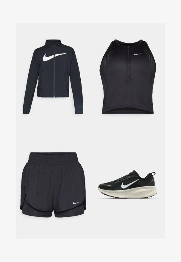 Casaco desportivo preto com fecho éclair completo, gola alta, mangas longas e grande logótipo branco da Nike na parte frontal.; Top cropped atlético preto com fecho à frente, acentos em malha e um design ajustado. Feito de tecido elástico e respirável. Logótipo da Nike na frente.; Calções atléticos pretos com um amplo cós elástico, bolsos laterais e logótipo da Nike. Confeccionados em tecido leve e que absorve a humidade.; Sapatilha de corrida Nike preta com parte superior de malha respirável, logotipo Swoosh branco, detalhes texturizados e uma entressola ZoomX na cor creme.
