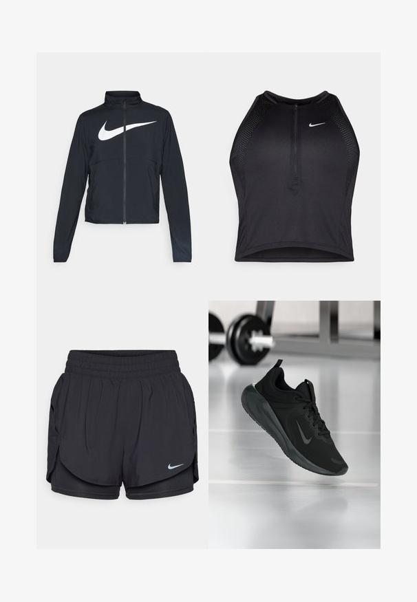 Juodas sportinis džemperis su visiškai užtraukiama užtrauktuku, aukšta apykakle, ilgomis rankovėmis ir dideliu baltu Nike swoosh logotipu per krūtinę.; Juodas sportinis trumpas viršus su užtrauktuku priekyje, tinklinėmis detalėmis ir prigludusia forma. Pagamintas iš tamprios, kvėpuojančios medžiagos. Nike logotipas priekyje.; Juodai sportiniai šortai su plačiu elastingu juosmeniu, šoninėmis kišenėmis ir Nike logotipu. Pagaminti iš lengvos, drėgmę sugerti gebančios medžiagos.; Juodas sportinis sportbačiai su Nike logotipu, pavaizduoti ore virš sporto salės grindų, fone išblurinta hantelių laikiklis.