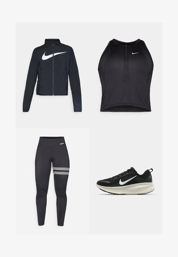 Svart joggebund med hel glidelås, høy krage, lange ermer og stort hvitt Nike swoosh-logo over brystet.; Svart idretts crop top med glidelås foran, mesh-detaljer og en figurvennlig design. Laget av elastisk, pustende materiale. Nike-logo på forsiden.; Svarte høye treningsleggings med to hvite diagonalstriper på høyre lår og liten "STRONGER" logo på livet.; Svart Nike løpesko med pustende mesh-overdel, hvit swoosh-logo, teksturert detaljer og en kremfarget ZoomX mellomsåle.