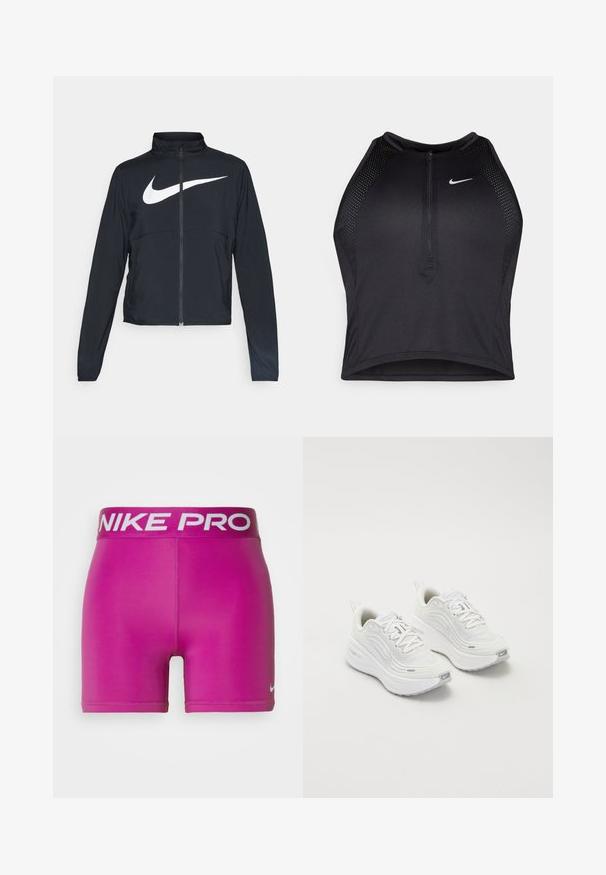 Must musta täispikk vary hoodie kõrge krae, pikad varrukad ja suur valge Nike swooshi logo rinnal.; Must negra spordiline crop top, millel on lukk ees, võrgukangast detailid ja vormiv disain. Valmistatud venivast ja hingavast kangast. Nike logo ees.; Nike Performance SHORT - Retuusid - hot fuchsia; Valged spordijalatsid, millel on tekstureeritud võrkkangas üst, pehme tallaga ja peened hallid aktsendid. Kaasas bränding ja aasaga kannaaken mugavaks selga panemiseks.