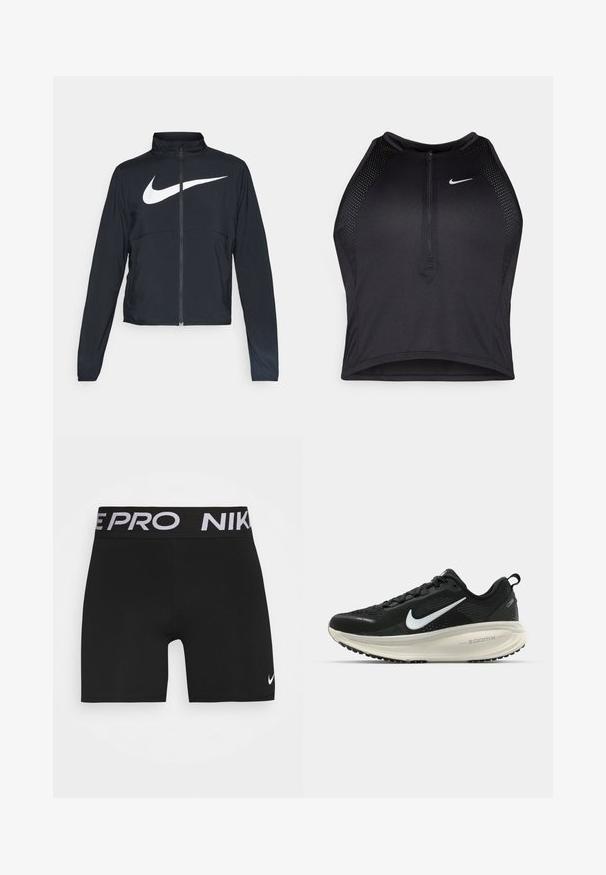 Črna športna jakna z polnim zadrgo, visokim ovratnikom, dolgimi rokavi in velikim belim logotipom Nike swoosh čez prsi.; Črn atletski kratki top z zadrgo spredaj, mrežastimi dodatki in prilegajočim dizajnom. Narejen iz raztegljivega, zračnega materiala. Logotip Nike spredaj.; Črne športne kratke hlače s širokim črnim pasom, na katerem je v belem napisu "NIKE PRO". Vključujejo tudi majhen bel Nike Swoosh logo na hlačnici.; Črne Nike tekaške čevlje z zračno mrežno zgornjim delom, belim logotipom Swoosh, teksturiranimi detajli in smetanasto barvnim srednjim delom ZoomX.