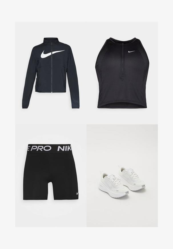 Casaco desportivo preto com fecho éclair completo, gola alta, mangas longas e grande logótipo branco da Nike na parte frontal.; Top cropped atlético preto com fecho à frente, acentos em malha e um design ajustado. Feito de tecido elástico e respirável. Logótipo da Nike na frente.; Calças de desporto pretas com uma faixa larga preta na cintura, apresentando "NIKE PRO" em letras brancas. Inclui um pequeno logótipo Swoosh da Nike em branco na perna.; Tênis atléticos brancos com um cabedal de malha texturizada, sola acolchoada e discretos detalhes em cinza. Inclui logótipo e aba de calcanhar em laço para facilitar o calçar.