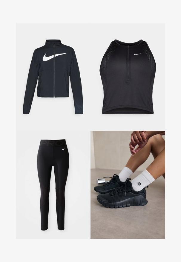 Black full-zip sports jacket with high collar, long sleeves, and large white Nike swoosh logo across the chest.; Black athletic crop top with a zip-front, mesh accents, and a fitted design. Made from stretchy, breathable fabric. Nike logo on front.; Black athletic leggings with a wide waistband featuring "PRO" text, smooth texture, and ribbed accents on the sides for added detail.; Black athletic shoes with textured fabric, laced design, and a prominent sole, paired with white ribbed socks featuring a small logo.