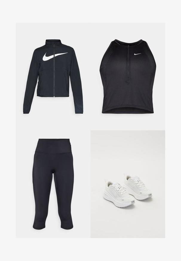 Musta urheilutakki, jossa on täysivetoketju, korkea kaulus, pitkät hihat ja suuri valkoinen Nike-tikkauksella rintaosa.; Musta urheilullinen crop-top, jossa on vetoketjukiinnitys, verkkokankaiset yksityiskohdat ja istuva malli. Valmistettu joustavasta ja hengittävästä kankaasta. Nike-logo edessä.; Mustat capri-legginssit, jotka on valmistettu joustavasta materiaalista, korkea vyötärö ja sivutasku. Tasainen pinta ja minimaaliset saumat mukavuutta varten.; Valkoiset urheilukengät, joissa on teksturoitu verkkoma upper, pehmustettu pohja ja hillityt harmaat yksityiskohdat. Mukana brändäys ja silmukkamuotoinen kantapäänvetotappi helppoa pukeutumista varten.