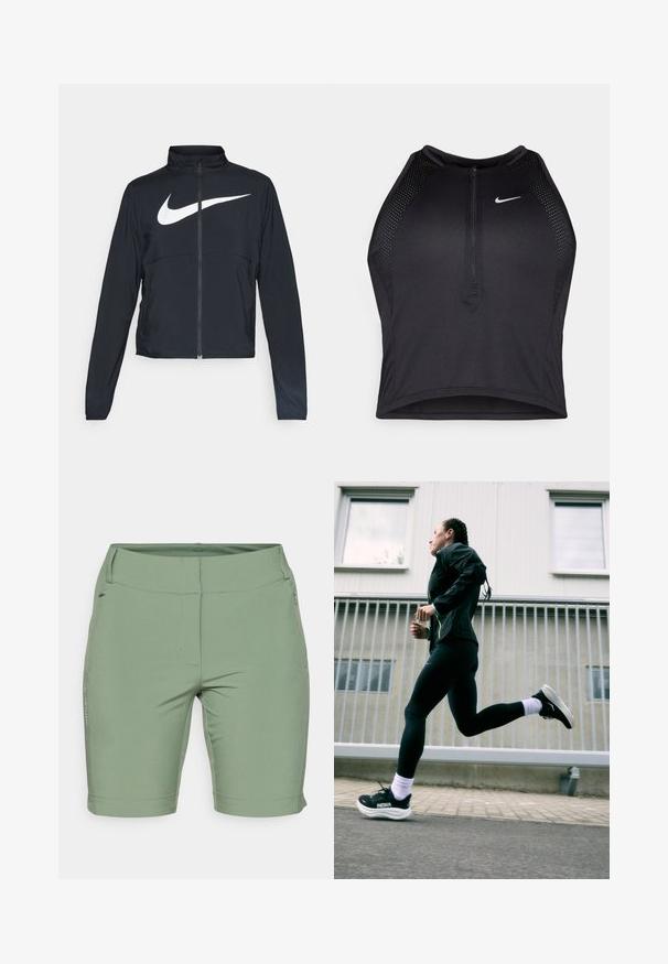 Fekete, teljes cipzáros sportdzseki magas gallérral, hosszú ujjal, amelyen egy nagy, fehér Nike logó található a mellkason.; Fekete sportos crop top, elöl cipzárral, hálós kiegészítőkkel és testhez álló kialakítással. Rugalmas, lélegző anyagból készült. Nike logó elöl.; Világoszöld, rugalmas nadrág, sima textúrával, lapos varratokkal, diszkrét oldalzsebbel és térd feletti egyenes szabással.; Fekete sportdzseki neon részletekkel, fekete leggings és fekete futócipők fehér talppal, világosszürke háttér előtt.