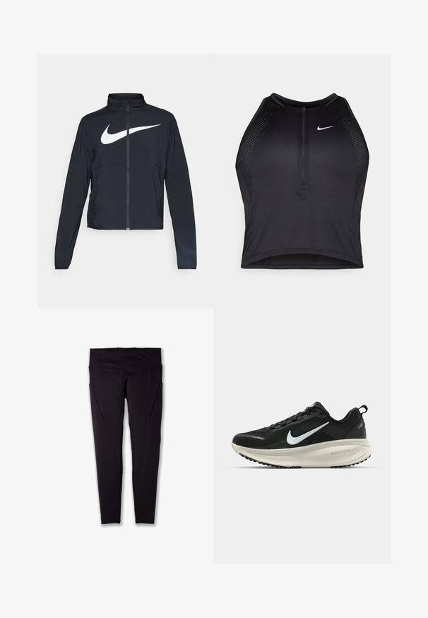 Schwarze Sportjacke mit vollem Reißverschluss, hohem Kragen, langen Ärmeln und großem weißen Nike-Swoosh-Logo auf der Brust.; Schwarzes sportliches Crop-Top mit Reißverschluss vorne, Netz-Akzenten und figurnaher Passform. Hergestellt aus dehnbarem, atmungsaktivem Material. Nike-Logo auf der Vorderseite.; Schwarze Sportleggings mit hohem Bund, aus dehnbarem Material, mit seitlichen Taschen und flachen Nähten für eine glatte Passform.; Schwarzer Nike-Laufschuh mit atmungsaktivem Mesh-Obermaterial, weißem Swoosh-Logo, strukturierten Details und einer cremefarbenen ZoomX-Zwischensohle.