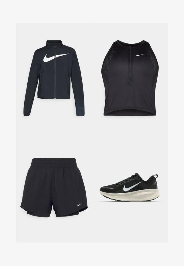 Schwarze Sportjacke mit vollem Reißverschluss, hohem Kragen, langen Ärmeln und großem weißen Nike-Swoosh-Logo auf der Brust.; Schwarzes sportliches Crop-Top mit Reißverschluss vorne, Netz-Akzenten und figurnaher Passform. Hergestellt aus dehnbarem, atmungsaktivem Material. Nike-Logo auf der Vorderseite.; Schwarze Sportshorts mit einem gerafften elastischen Bund, Innenfutter und weißem Nike-Logo auf der unteren linken Seite. Glatter, leichter Stoff.; Schwarzer Nike-Laufschuh mit atmungsaktivem Mesh-Obermaterial, weißem Swoosh-Logo, strukturierten Details und einer cremefarbenen ZoomX-Zwischensohle.