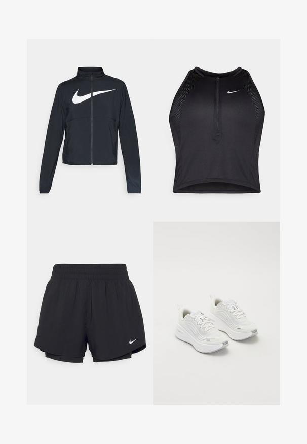 Fekete, teljes cipzáros sportdzseki magas gallérral, hosszú ujjal, amelyen egy nagy, fehér Nike logó található a mellkason.; Fekete sportos crop top, elöl cipzárral, hálós kiegészítőkkel és testhez álló kialakítással. Rugalmas, lélegző anyagból készült. Nike logó elöl.; Fekete sportnadrág, gumírozott derékpánttal, belső béléssel és fehér Nike logóval az alsó bal oldalon. Similaire, könnyű anyag.; Fehér sportcipő, texturált hálós felsőrésszel, párnázott talppal és diszkrét szürke díszítésekkel. Tartalmazza a márkázást és a könnyű felhúzást segítő hurkot a sarokrészen.