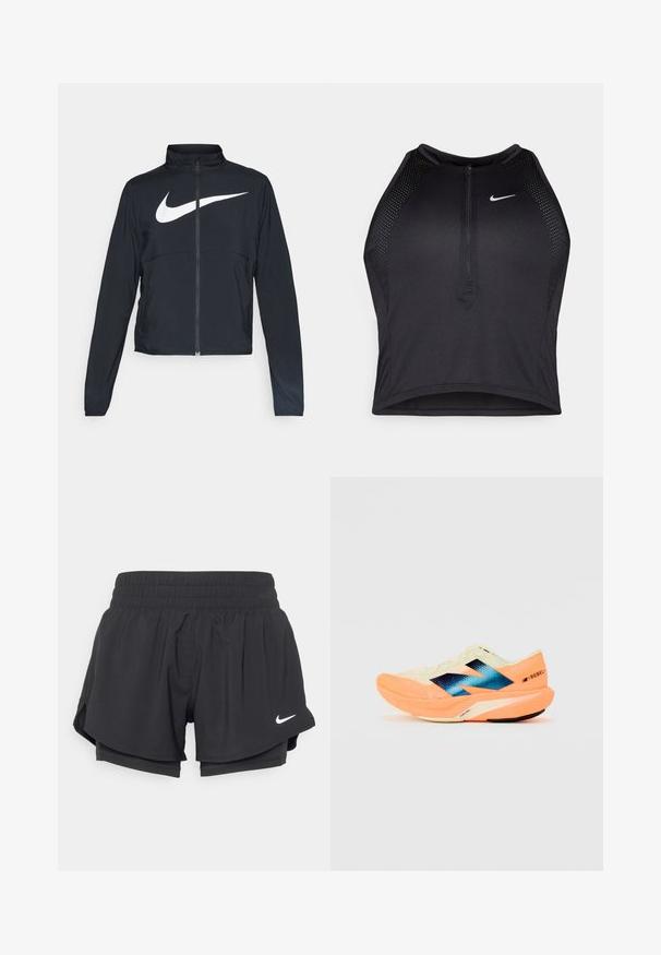 Svart joggebund med hel glidelås, høy krage, lange ermer og stort hvitt Nike swoosh-logo over brystet.; Svart idretts crop top med glidelås foran, mesh-detaljer og en figurvennlig design. Laget av elastisk, pustende materiale. Nike-logo på forsiden.; Sorte treningsshorts med elastisk liv, indvendig foring og sideskår. Har et hvidt Nike-logo på venstre front.; Løpesko med en lett kremfarget overdel, blå merkevare og oransje detaljer på sålen. Nettverksstruktur for pusteevne.