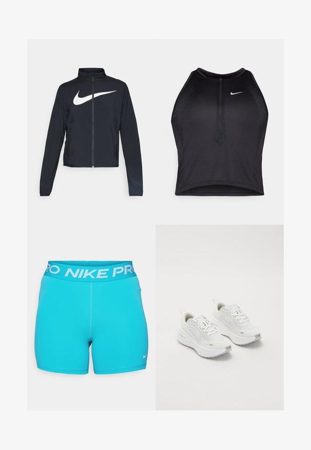 Jachetă sport neagră cu fermoar pe toată lungimea, guler înalt, mâneci lungi și un logo mare alb Nike swoosh pe piept.; Top sportiv black, cu croială scurtă, cu fermoar în față, accente din plasă și un design ajustat. Fabricat dintr-un material elastic și respirabil. Logo-ul Nike pe față.; Shorts atletici turcoaz cu un brâu lat, având inscripția "NIKE PRO" în alb. Confectionați dintr-un material neted, cu un design ajustat.; Pantofi sport albi cu un superior din plasă texturată, talpă amortizată și accente subtile de gri. Include branding și un buclă la călcâi pentru a fi ușor de încălțat.