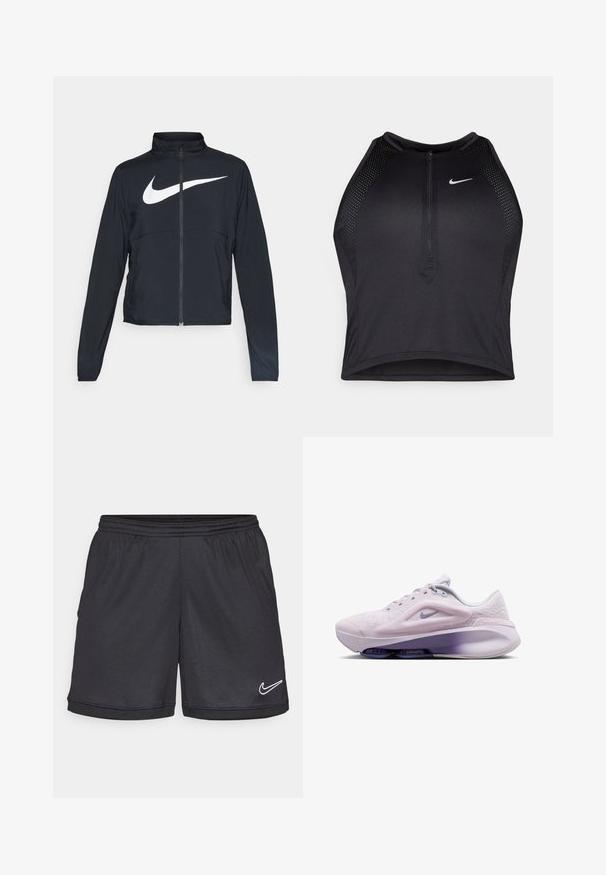Crna sportska jakna s punim patentnim zatvaračem, visokim ovratnikom, dugim rukavima i velikim bijelim Nike swoosh logom preko grudi.; Crni sportski crop top s patentnim zatvaračem, mrežastim detaljima i prilagođenim dizajnom. Izrađen od rastezljivog, prozračnog materijala. Nike logo na prednjoj strani.; Crne sportske kratke hlače s elastičnom naramenicom, s bijelim Nike logom na donjem desnom rubu i glatkim, laganim materijalom.; Svijetloplavi sportski tenisica s teksturiranim gornjim dijelom, okruglim prstom i amortizacijom u srednjem dijelu. Ima ljubičasti Nike znak i mrežaste detalje.