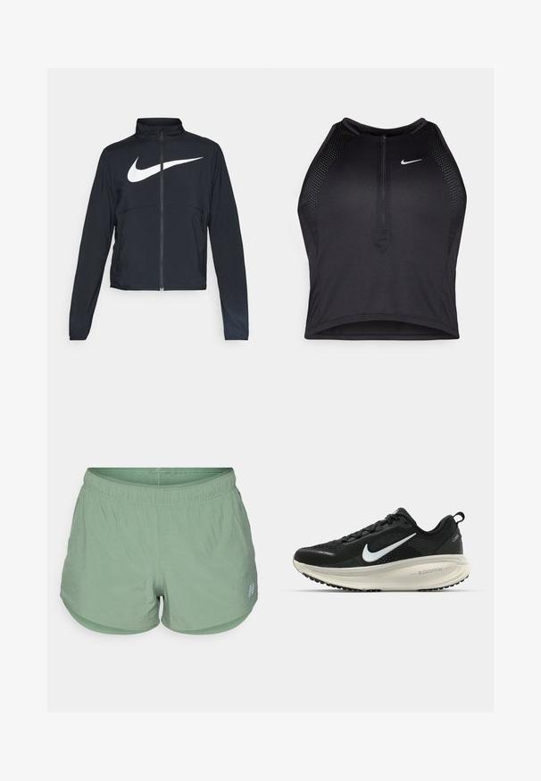 Casaco desportivo preto com fecho éclair completo, gola alta, mangas longas e grande logótipo branco da Nike na parte frontal.; Top cropped atlético preto com fecho à frente, acentos em malha e um design ajustado. Feito de tecido elástico e respirável. Logótipo da Nike na frente.; Calças de desporto verde-claro feitas de um tecido respirável, com um cós elástico, um corte relaxado e pequenos orifícios de ventilação por todo o lado.; Sapatilha de corrida Nike preta com parte superior de malha respirável, logotipo Swoosh branco, detalhes texturizados e uma entressola ZoomX na cor creme.
