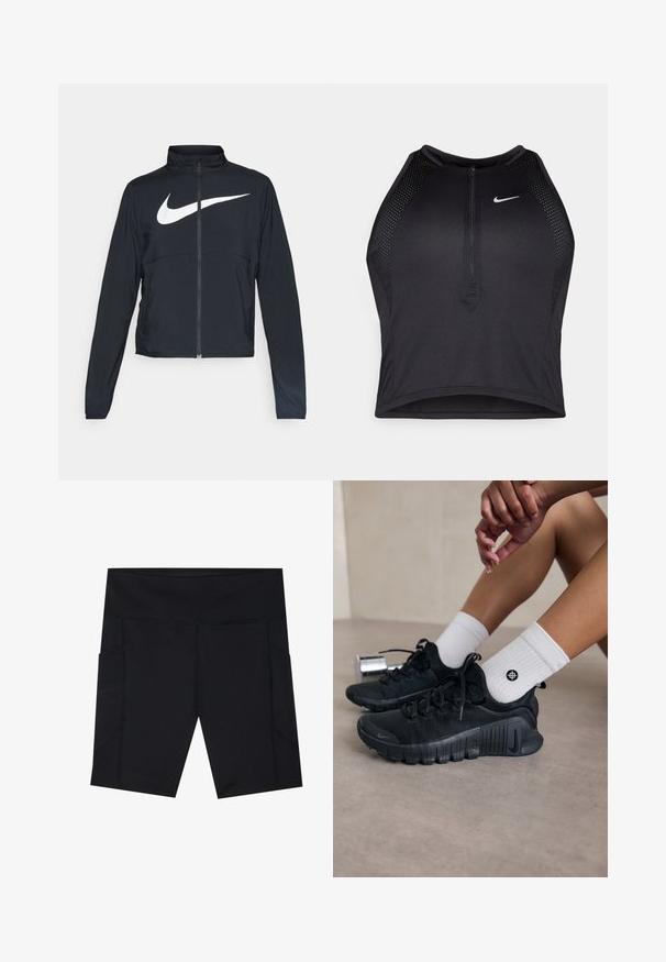 Must musta täispikk vary hoodie kõrge krae, pikad varrukad ja suur valge Nike swooshi logo rinnal.; Must negra spordiline crop top, millel on lukk ees, võrgukangast detailid ja vormiv disain. Valmistatud venivast ja hingavast kangast. Nike logo ees.; Mustad mustushallid spordipüksid, mis on valmistatud venivast ja niiskust eemal hoidvast kangast. Omavad kahte külge taskut ja lameõmblusi mugavuse tagamiseks.; Mustad must спортjalatsid tekstuurse kangaga, nöörimise disainiga ja silmapaistva tallaga, koos valgete ribafreeside sokkidega, millel on väike logo.
