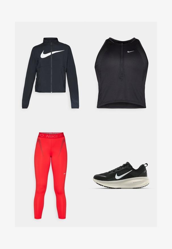 Schwarze Sportjacke mit vollem Reißverschluss, hohem Kragen, langen Ärmeln und großem weißen Nike-Swoosh-Logo auf der Brust.; Schwarzes sportliches Crop-Top mit Reißverschluss vorne, Netz-Akzenten und figurnaher Passform. Hergestellt aus dehnbarem, atmungsaktivem Material. Nike-Logo auf der Vorderseite.; Rote sportliche Leggings aus dehnbarem Material. Sie verfügen über eine hohe Taille, reflektierende Akzente und ein Nike-Logo am Unterschenkel.; Schwarzer Nike-Laufschuh mit atmungsaktivem Mesh-Obermaterial, weißem Swoosh-Logo, strukturierten Details und einer cremefarbenen ZoomX-Zwischensohle.