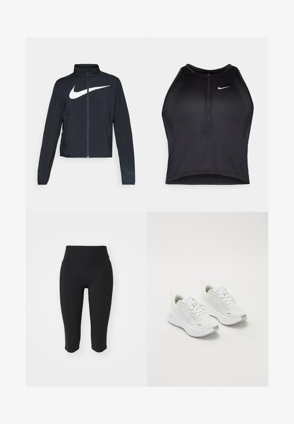 Must musta täispikk vary hoodie kõrge krae, pikad varrukad ja suur valge Nike swooshi logo rinnal.; Must negra spordiline crop top, millel on lukk ees, võrgukangast detailid ja vormiv disain. Valmistatud venivast ja hingavast kangast. Nike logo ees.; Mustad mustade kapri retuusid kõrge vöökoha ja siledast, elastsest kangast. Omab lihtsat disaini, ilma nähtavate detailide või mustriteta.; Valged spordijalatsid, millel on tekstureeritud võrkkangas üst, pehme tallaga ja peened hallid aktsendid. Kaasas bränding ja aasaga kannaaken mugavaks selga panemiseks.