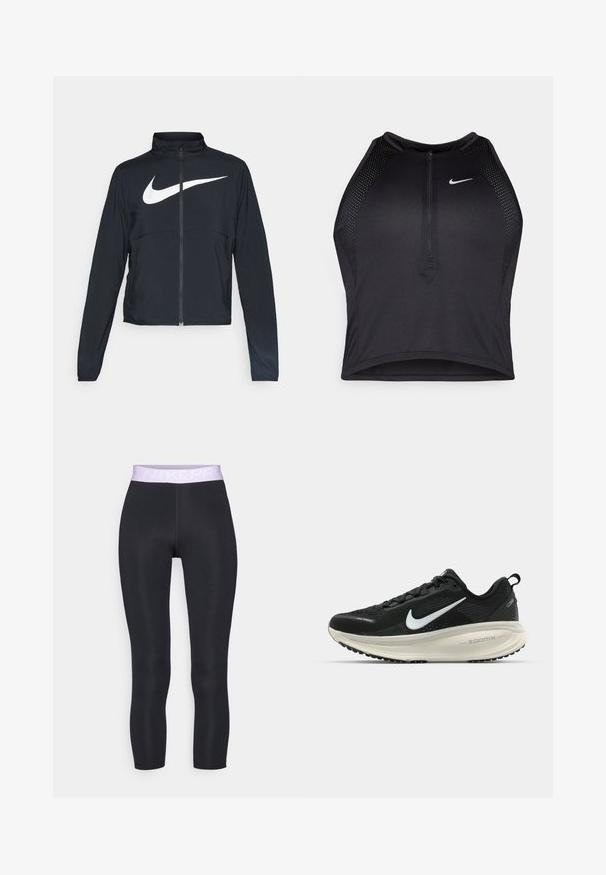Zwarte sportjas met volledige rits, hoge kraag, lange mouwen en groot wit Nike swoosh-logo op de borst.; Zwarte atletische crop top met een rits aan de voorkant, mesh accenten en een aansluitend ontwerp. Gemaakt van rekbare, ademende stof. Nike-logo aan de voorkant.; Nike Performance CROP - Tights - black/lilac bloom/white; Zwarte Nike hardloopschoen met ademend mesh bovenwerk, witte swoosh-logo, gestructureerde details en een crèmekleurige ZoomX middenzool.