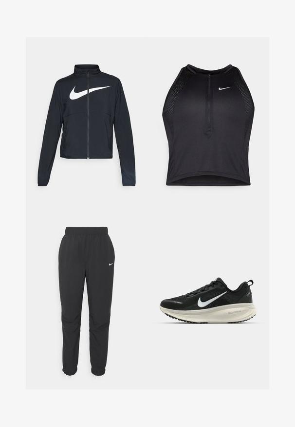 Zwarte sportjas met volledige rits, hoge kraag, lange mouwen en groot wit Nike swoosh-logo op de borst.; Zwarte atletische crop top met een rits aan de voorkant, mesh accenten en een aansluitend ontwerp. Gemaakt van rekbare, ademende stof. Nike-logo aan de voorkant.; Zwarte, lichte joggingsbroek met een elastische tailleband en boorden. Heeft een klein wit Nike-logo nabij de linkse heup. Gladde textuur.; Zwarte Nike hardloopschoen met ademend mesh bovenwerk, witte swoosh-logo, gestructureerde details en een crèmekleurige ZoomX middenzool.