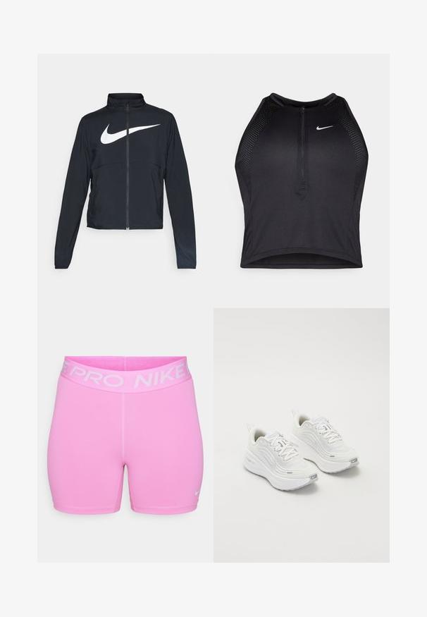Melnā sporta jaka ar pilnu rāvējslēdzēju, augstu apkakli, garām piedurknēm un lielu baltu Nike swoosh logotipu krūšu daļā.; Melnā sportiskā augšdaļa ar rāvējslēdzēju priekšpusē, acs akcenti un pieguloša dizaina. Izgatavota no elastīga, elpojoša auduma. Nike logo priekšpusē.; Nike Pro šorti spilgti rozā krāsā, izgatavoti no gluda sintētiska materiāla. Iespējas ietver platu logotipa jostasvietu un slaidu piegriezumu, ar kontrastējošu šuvju dizainu.; Baltas sporta apavi ar teksturētu sieta augšdaļu, mīkstinātu zoli un smalkiem pelēkiem akcentiem. Iekļauj zīmolu un cilpu papēža cilpu vieglai uzvilkšanai.