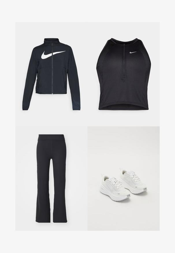 Czarna bluza sportowa na zamek błyskawiczny z wysokim kołnierzem, długimi rękawami i dużym białym logo Nike na klatce piersiowej.; Czarny sportowy crop top z zamkiem z przodu, z siateczkowymi akcentami i dopasowanym krojem. Wykonany z elastycznego, oddychającego materiału. Logo Nike z przodu.; Czarne rozszerzane spodnie z elastycznego materiału z wysokim stanem. Charakteryzują się czystymi liniami i gładką fakturą, idealne na co dzień.; Białe buty sportowe z teksturowaną siateczką u góry, amortyzowana podeszwa i subtelne szare akcenty. Zawierają logo i pętlę z tyłu dla łatwego zakładania.